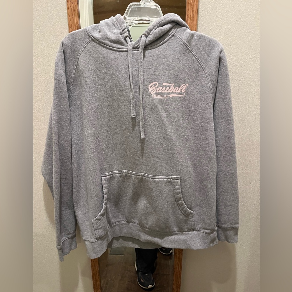 Baseball lifestyle 101 hoodie light grey with light pink letters Men’s Large
